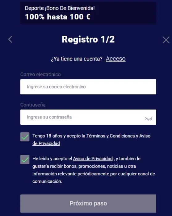 Frumzi Casino formulario de registro con bono deportivo de bienvenida del 100% hasta 100 €
