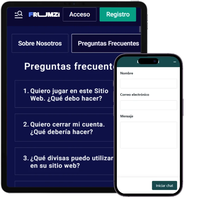 Frumzi Casino sección de preguntas frecuentes con formulario de soporte por chat en vivo
