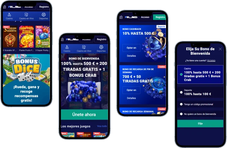 Frumzi Casino versión móvil con juegos, bono de bienvenida, cashback y selección de promociones